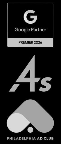 4As, Google Premier Partner 2026, and Philadelphia Ad Club logos