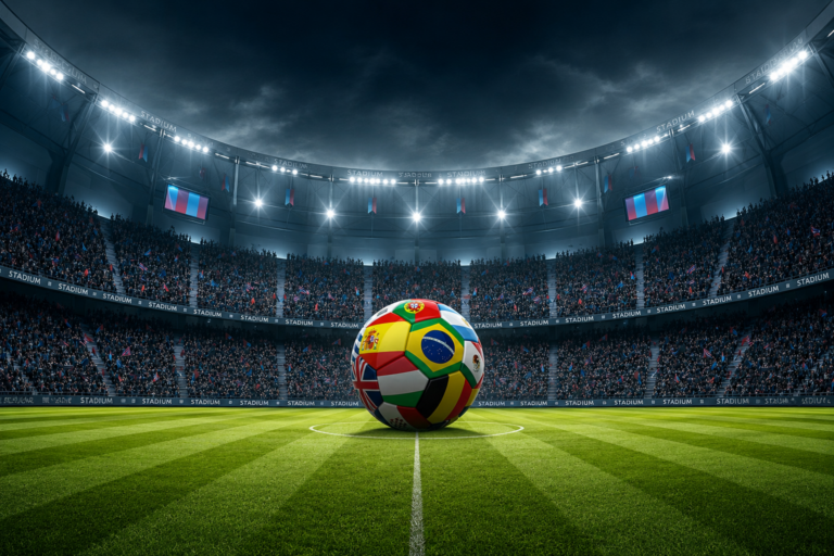 Soccer ball with international flags in the stadium at night